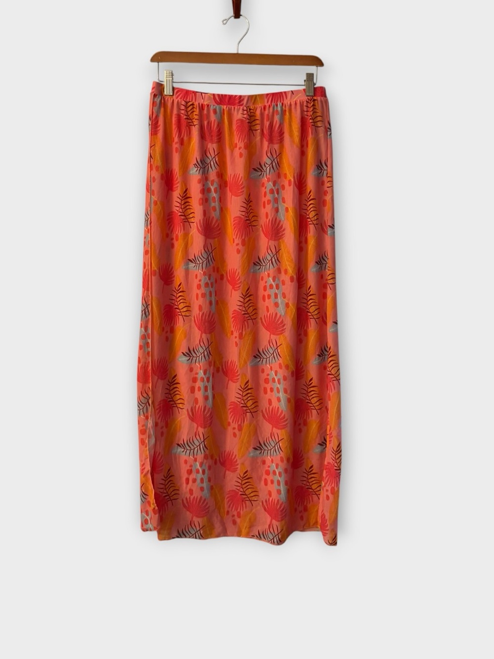Coral Tropical Leaf Print Maxi Skirt Size Large